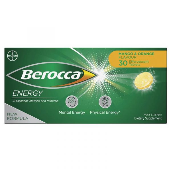 Berocca Energy Vitamin B C Mango Orange Flavour Effervescent Tablets 30 Pack