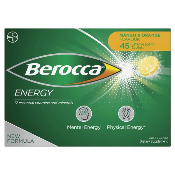 Berocca Energy Vitamin B C Mango Orange Flavour Effervescent Tablets 45 Pack