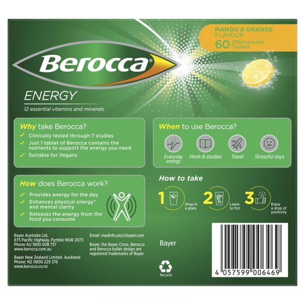 Berocca Energy Vitamin B C Mango Orange Flavour Effervescent Tablets 60 Pack 4