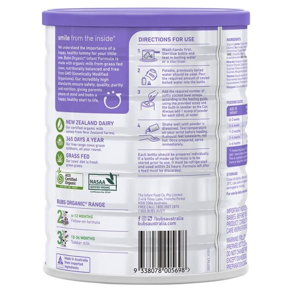 Bubs Organic Grass Fed Infant Milk Formula 800g 2